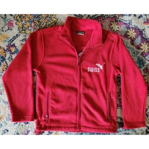 Switcher fleece full zip coat SWISS Cow Red Mens SMALL Made In USA SEE MEASURE
